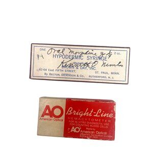 Vintage AO Bright-Line Hemacytometer In Original Box & Hypodermic Syringe By Bec